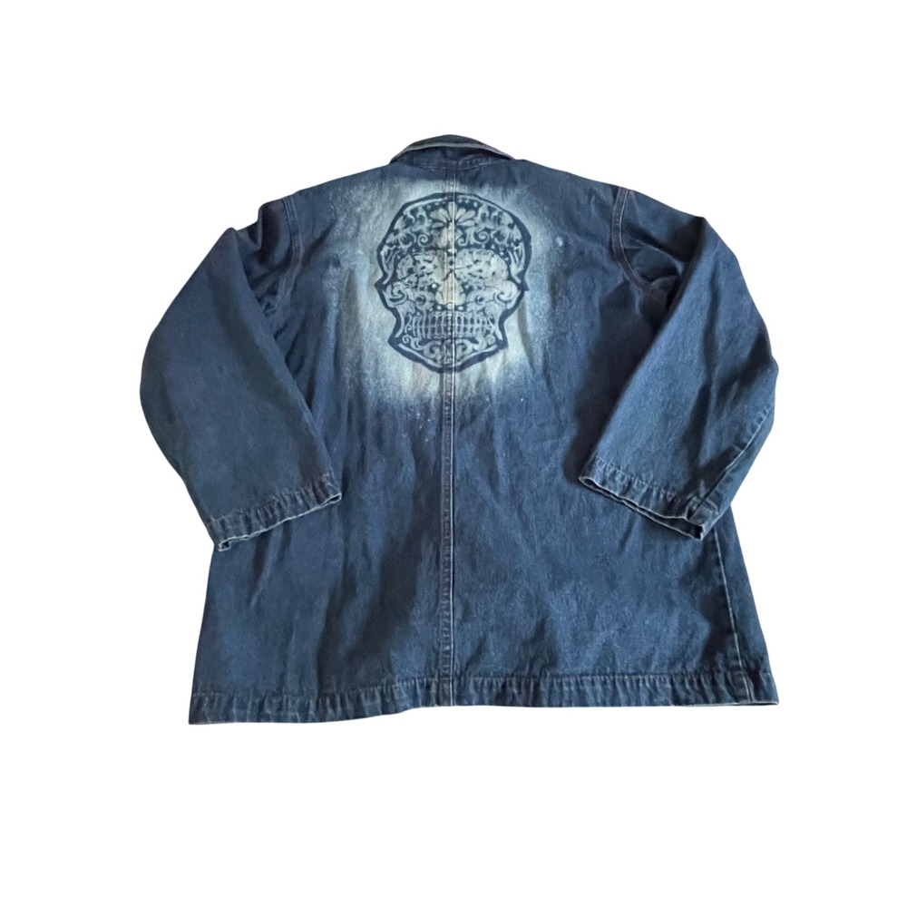 Dark Wash Denim Barn Jacket Bleached Sugar Skull‎ Graphic Chore Coat Blue
